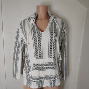 Beach by Exist Baja Hoodie Black White Striped Pullover Kangaroo Pocket Size Sma